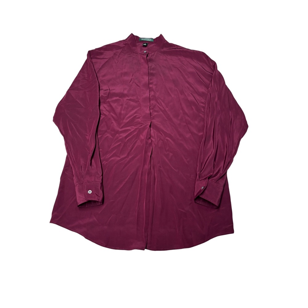 Lauren Ralph Lauren Burgundy 100% Silk Band Collar Tunic Blouse Shirt Womens M